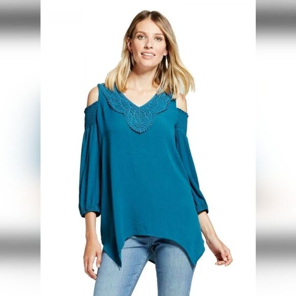 KNOX ROSE TEAL COLD SHOULDER 3/4 SLEEVE V NECK ASYMETRICAL TUNIC TOP SIZE S - Picture 1 of 10